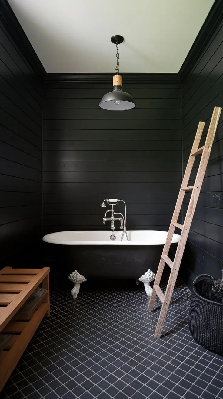 This black bathroom wainscoting and black bathroom walls create a striking backdrop for this luxurious bathroom retreat. The black shiplap adds texture and depth to the black tile bathrooms, while the clawfoot tub becomes a focal point, enhanced by the black and wood bathroom accents. The wooden ladder and bench add rustic warmth, while the black basket provides a touch of understated elegance. Explore these black bathroom decor ideas for a truly unforgettable all-black bathroom design. This is a masterclass in clawfoot tub ideas within a sophisticated, dark setting.