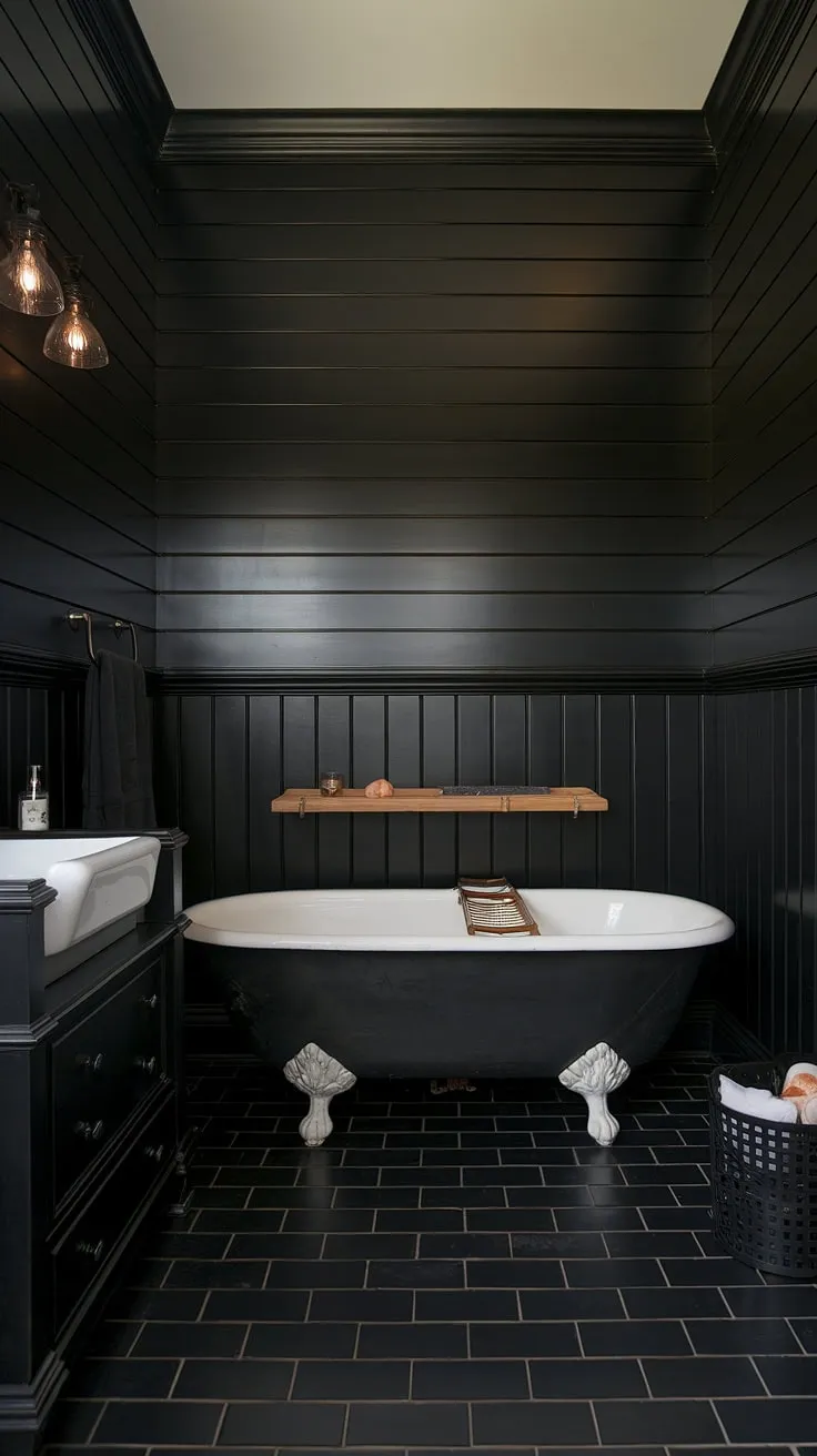 Indulge in the drama of this all-black bathroom. Black shiplap walls, black tile bathrooms, and black wainscoting create a sophisticated backdrop for a clawfoot tub, showcasing unique black bathroom decor ideas.