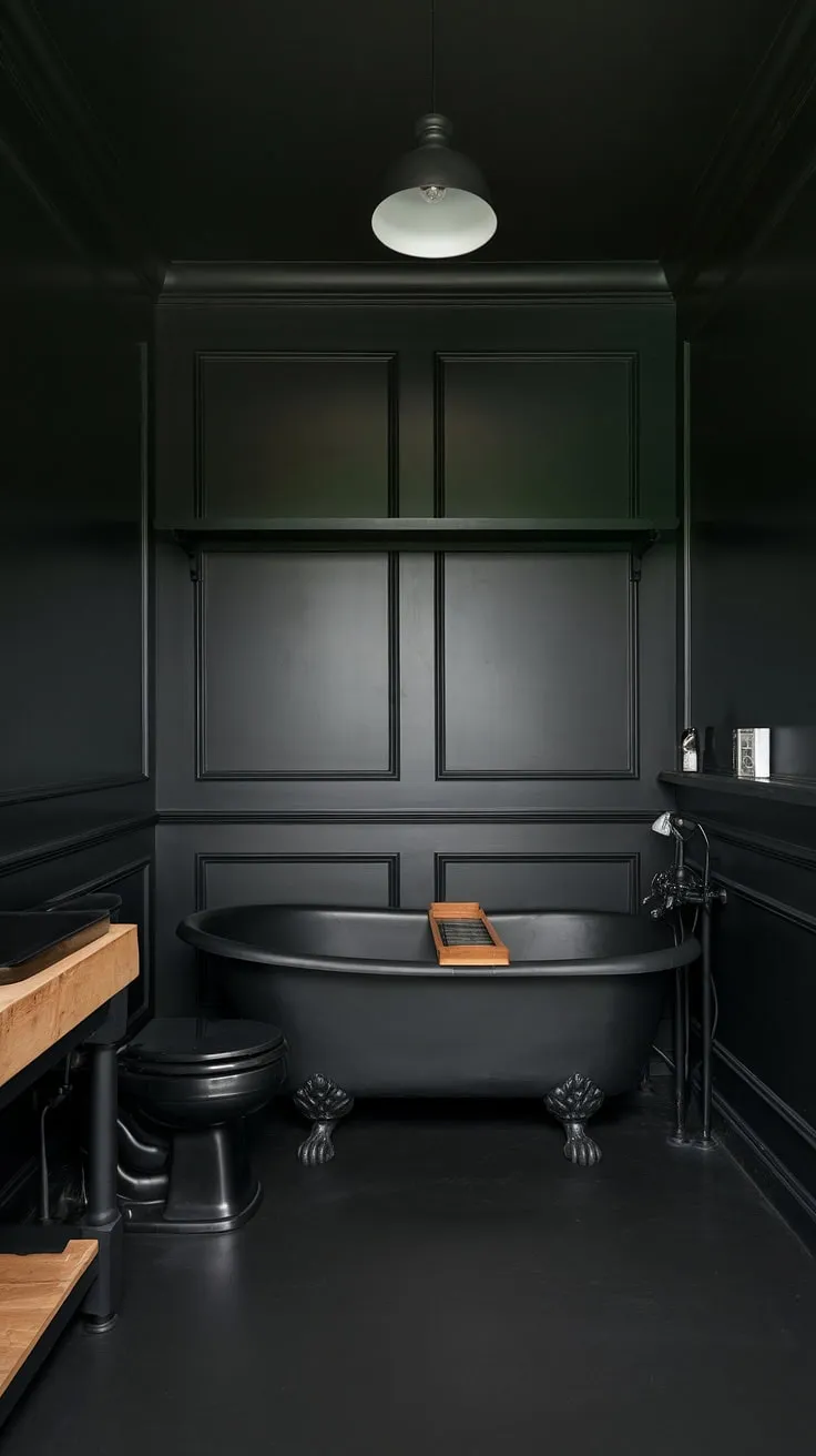 Obsessed with this all-black bathroom's dramatic elegance. The black wainscoting adds depth and texture, perfectly complementing the black bathroom walls and clawfoot tub. Black bathroom decor ideas don't get much better than this black and wood bathroom design.