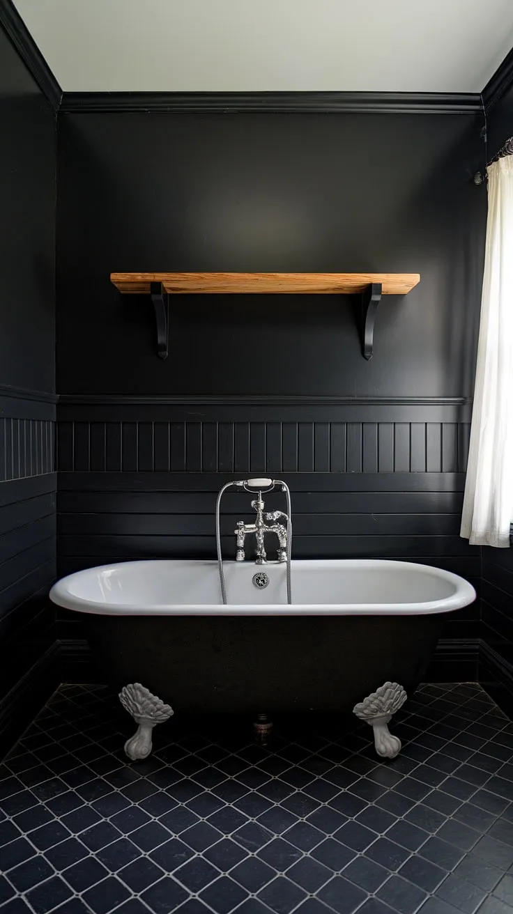 This stunning black bathroom features black wainscoting, creating a rich and moody atmosphere. The black bathroom walls and black tile bathrooms floor are perfectly complemented by the classic white clawfoot tub, providing a luxurious contrast. The wooden shelf above the tub adds warmth, making this a perfect example of black bathroom decor ideas and clawfoot tub ideas. The black shiplap wainscoting is a striking feature in this all-black bathroom.