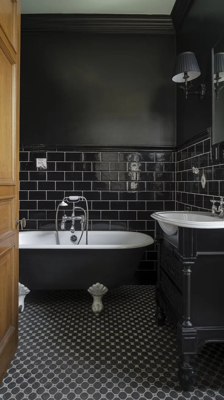 Dark elegance redefined: black bathroom wainscoting and black tile bathrooms create a dramatic, sophisticated space. Black shiplap adds texture, while the clawfoot tub offers a touch of vintage charm. Perfect black bathroom decor ideas for the bold homeowner.