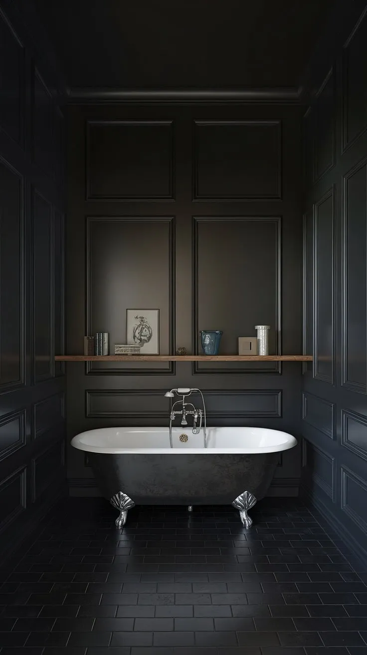 This stunning black and wood bathroom features black wainscoting that transforms the space into a dramatic retreat. The black bathroom walls and black tile bathrooms create a rich, moody atmosphere, perfectly complemented by the elegant clawfoot tub. The subtle lighting highlights the thoughtful black bathroom decor ideas, making this a truly unique and inspiring example of clawfoot tub ideas. The black shiplap adds texture and depth, showcasing the power of black bathroom wainscoting.