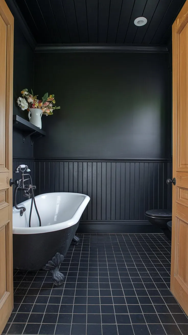 Black wainscoting transforms this space into a luxurious retreat. Explore black and wood bathroom combinations and clawfoot tub ideas within this striking black bathroom decor, featuring black bathroom walls and black tile bathrooms. The black shiplap ceiling completes the dramatic all-black bathroom aesthetic.