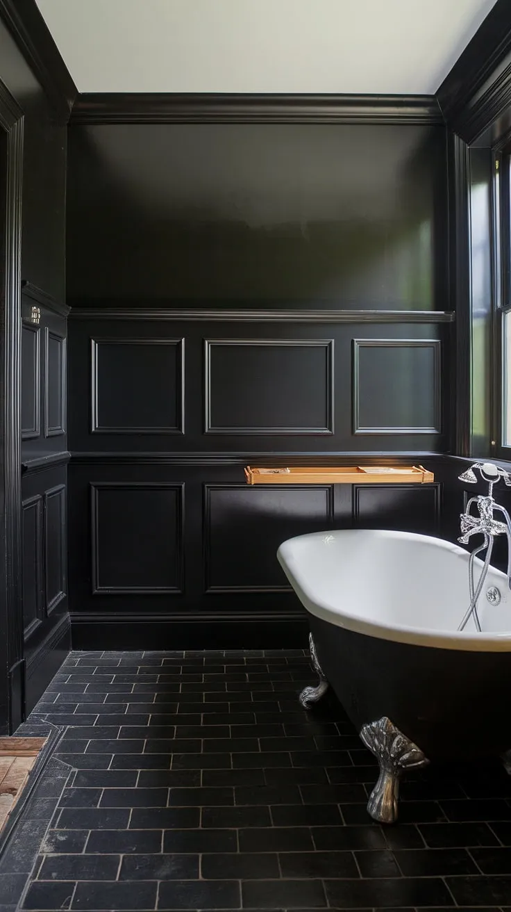Dark elegance redefined: Black bathroom wainscoting and black walls create a dramatic backdrop for this clawfoot tub, showcasing stunning black bathroom decor ideas. The black tile bathrooms and black shiplap add to the rustic charm.