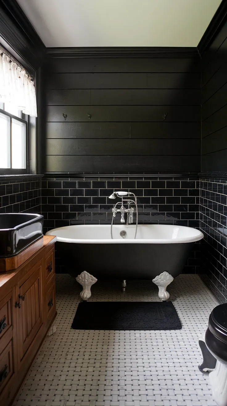 Dark elegance redefined: Black bathroom wainscoting and shiplap create a dramatic backdrop for this clawfoot tub, showcasing stunning black bathroom decor ideas in a sophisticated black and wood bathroom. Black tile bathrooms never looked so chic.