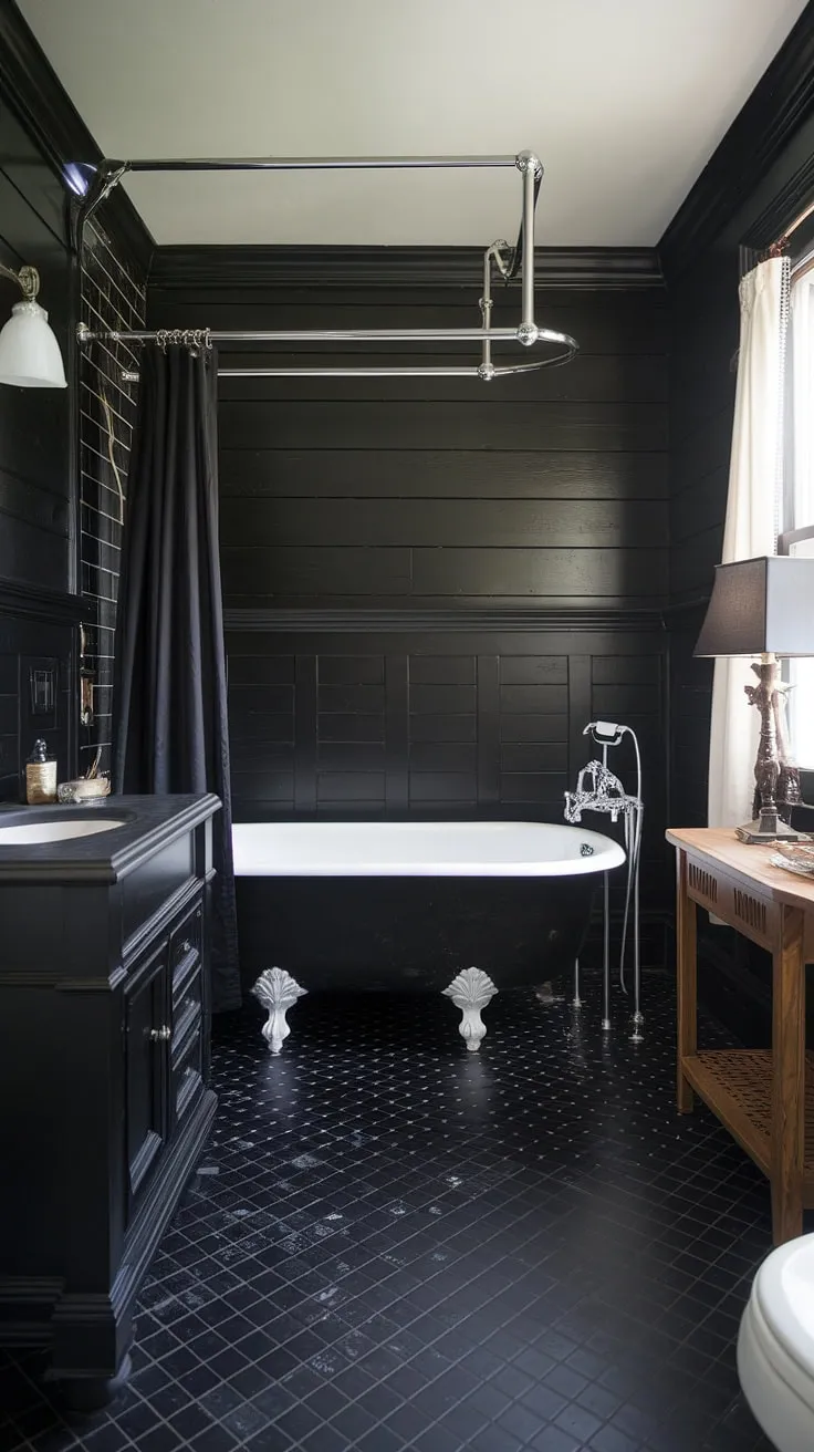 Dark elegance redefined: Black bathroom wainscoting and black shiplap create a dramatic backdrop for this clawfoot tub, showcasing stunning black bathroom decor ideas in a sophisticated black and wood bathroom. The black tile bathrooms and black bathroom walls are perfectly complemented by the black and white checkered floor.