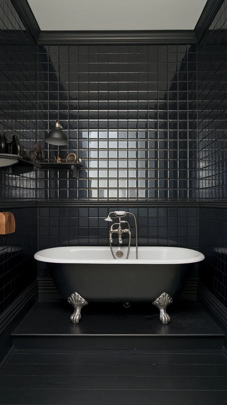Indulge in the drama of this all-black bathroom. Black bathroom wainscoting and black shiplap flooring create a sophisticated backdrop for the clawfoot tub, showcasing stunning black bathroom decor ideas. The black tile bathrooms and black and wood bathroom elements add depth and warmth.