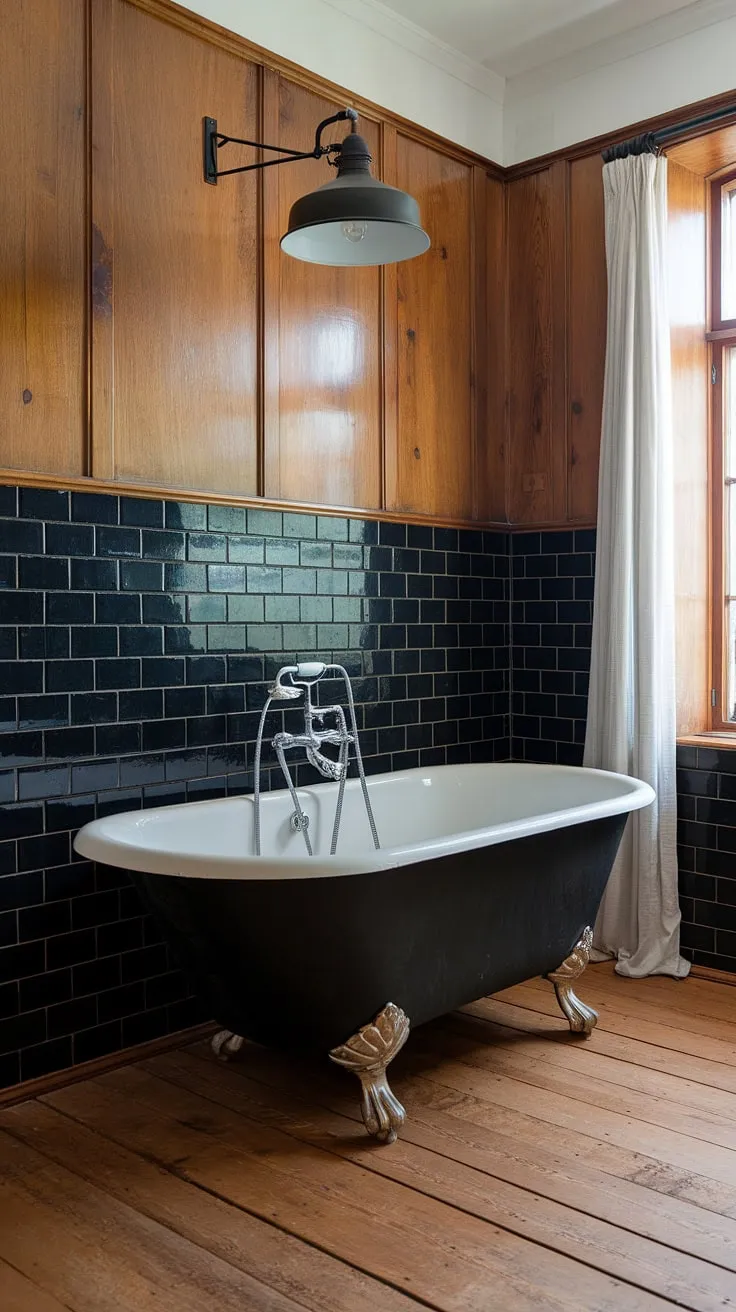 Dark elegance redefined: Black bathroom wainscoting creates a dramatic backdrop for this clawfoot tub, showcasing stunning black bathroom decor ideas in a black and wood bathroom. The black shiplap and wood flooring add warmth to this all black bathroom.