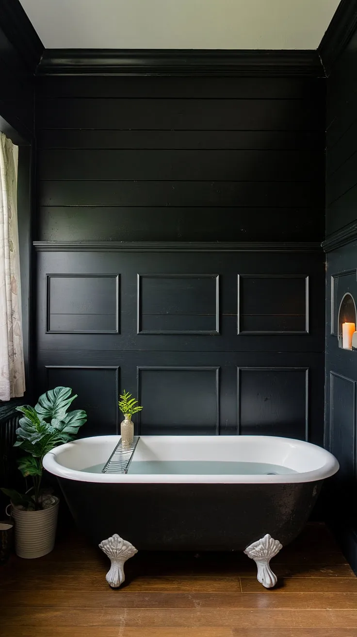 Indulge in the drama of this all-black bathroom. Black wainscoting and shiplap create a sophisticated backdrop for the clawfoot tub, showcasing stunning black bathroom decor ideas and proving that black tile bathrooms can be incredibly warm and inviting. The black bathroom walls and wood floor add a touch of unexpected contrast.