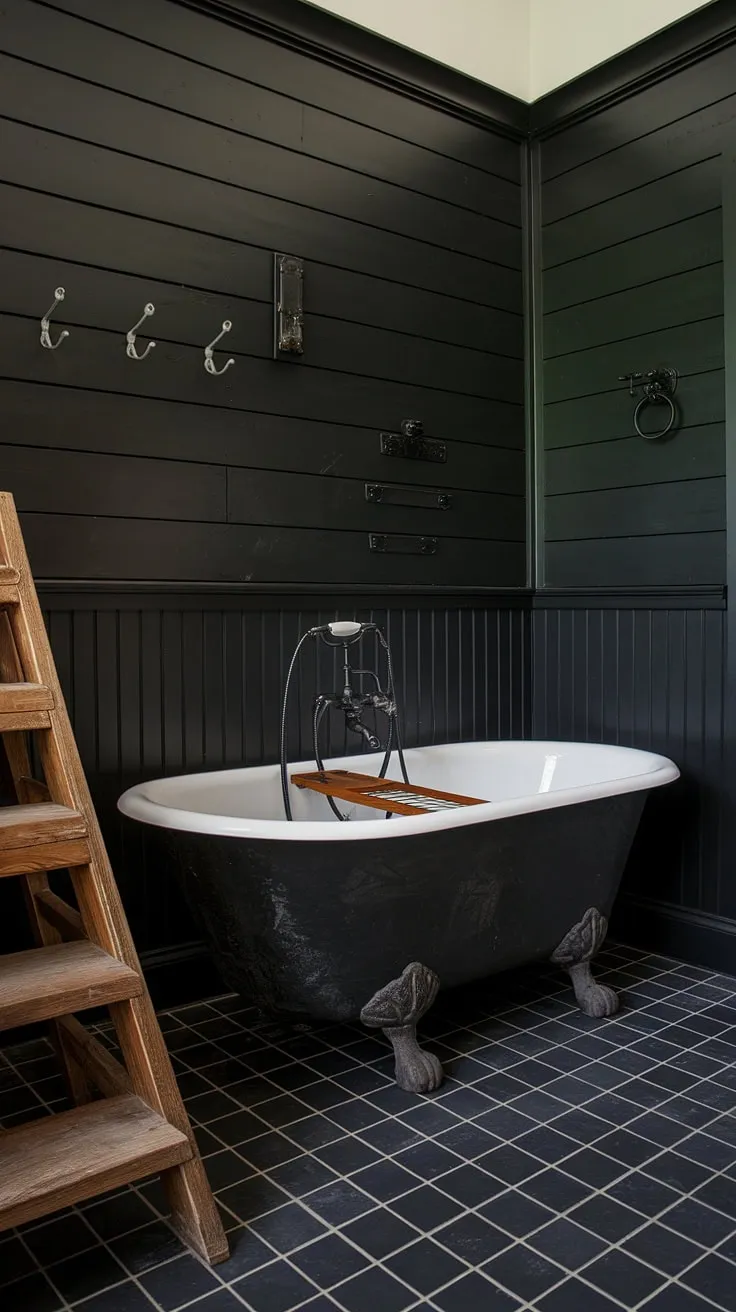 Dark and dramatic, this black bathroom design is a masterclass in moody elegance. Black bathroom walls clad in black shiplap are punctuated by the warmth of the wooden platform supporting the clawfoot tub. The black wainscoting adds architectural detail, while the black tile bathrooms flooring grounds the space. Simple wooden accents and a ladder provide a touch of rustic charm, making this the ultimate inspiration for black bathroom decor ideas. Consider this a showcase of unique clawfoot tub ideas within a stunning black and wood bathroom.