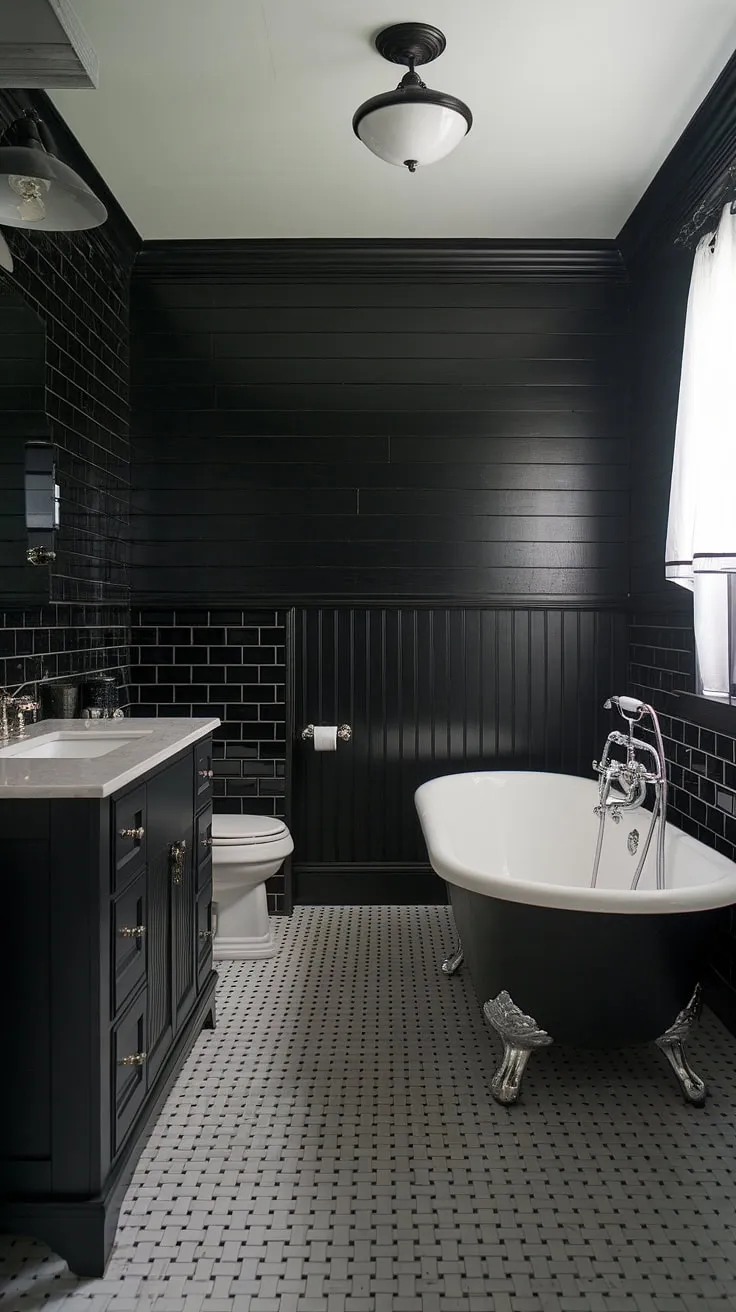 This all-black bathroom is a study in sophisticated minimalism. The black bathroom walls, clad in sleek black tile, are beautifully complemented by the black wainscoting, crafted from striking black shiplap. A classic clawfoot tub anchors the space, offering a touch of vintage charm amidst the modern black bathroom decor ideas. The black and white checkered floor adds a playful contrast, while the white window curtain provides a soft counterpoint to the otherwise dramatic black bathroom wainscoting and black tile bathrooms design. This is a stunning example of black and wood bathroom design, showcasing innovative clawfoot tub ideas.