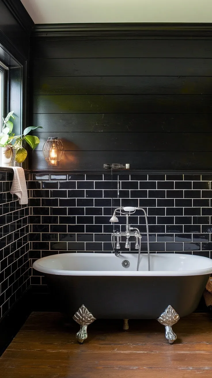Bathed in shadows and sophistication, this all-black bathroom boasts dramatic black tile bathrooms and black wainscoting, creating a moody yet elegant atmosphere. The black shiplap above the clawfoot tub adds a touch of rustic charm, while the warm wood flooring provides a striking contrast. This black and wood bathroom showcases stunning black bathroom decor ideas, proving that a monochrome palette can be incredibly versatile and luxurious. Perfect inspiration for clawfoot tub ideas in a dark and dramatic setting.