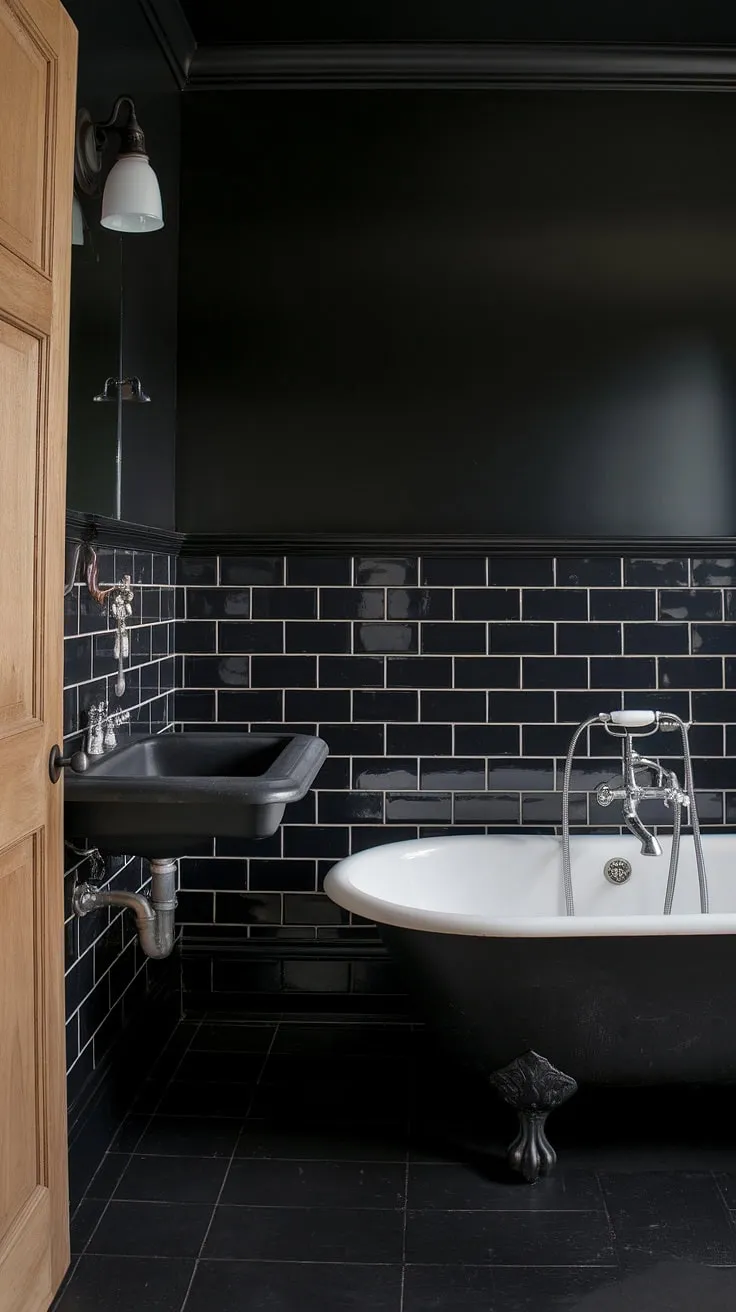 Dark and dramatic, this all-black bathroom is a sanctuary of style. Black tile bathrooms rarely achieve such a cohesive and luxurious feel. The black wainscoting, crafted from black shiplap, adds texture and depth to the black bathroom walls, complementing the classic clawfoot tub. This stunning example of black bathroom decor ideas showcases the power of monochromatic design, proving that an all-black bathroom can be both inviting and incredibly chic. Consider this inspiration for your own clawfoot tub ideas.