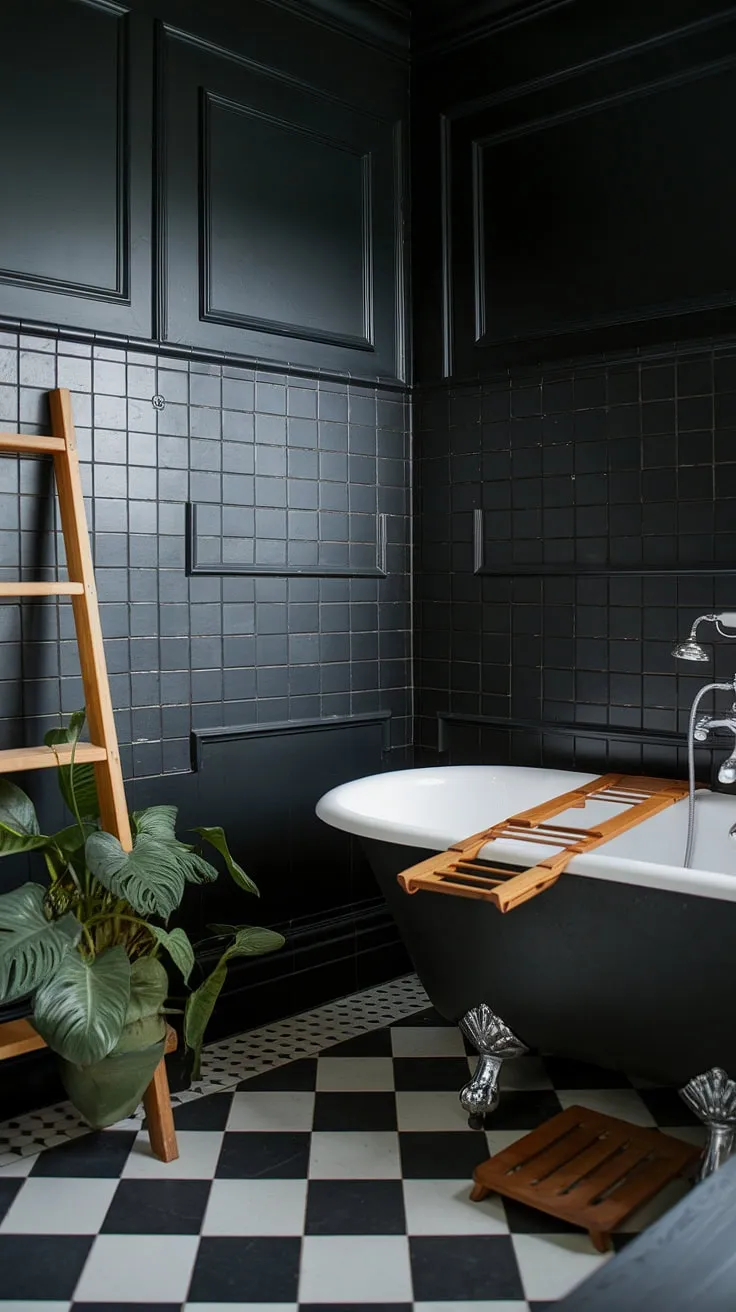 A sophisticated sanctuary: this black bathroom wainscoting design transforms a simple space into a luxurious retreat. The black bathroom walls, clad in sleek black tile, are beautifully accented by the black wainscoting, creating a rich and moody atmosphere. The black and wood bathroom combination, featuring a clawfoot tub and wooden accents, adds warmth and visual interest. This all-black bathroom is a testament to the power of black bathroom decor ideas, showcasing the elegance of black tile bathrooms and offering inspiring clawfoot tub ideas. The checkered floor and potted plant add subtle pops of contrast.