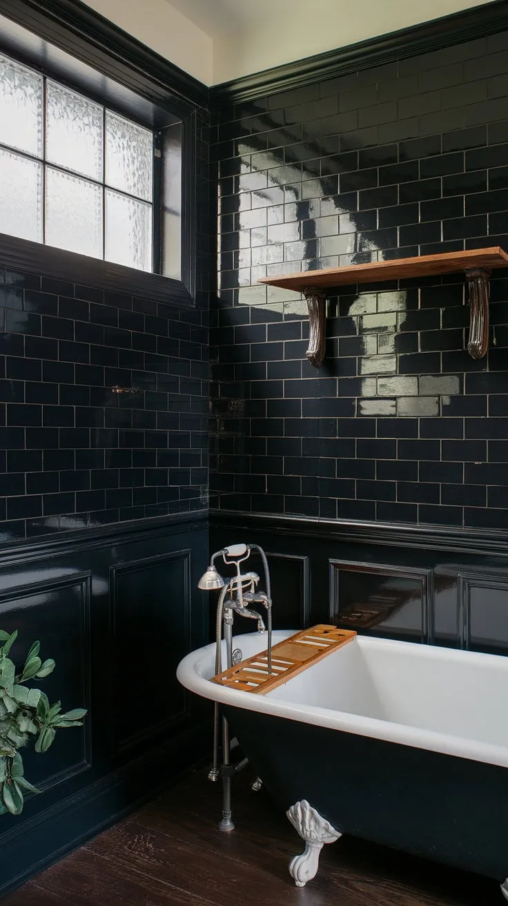 This all-black bathroom is a study in sophisticated contrast. The black shiplap wainscoting, extending from floor to ceiling, creates a dramatic backdrop for the classic clawfoot tub. Black bathroom walls and black tile bathrooms are elevated with the warm tones of the wood shelf and flooring, showcasing clever black and wood bathroom decor ideas. A small plant adds a touch of life to this striking space, offering inspiration for your own black bathroom decor ideas.