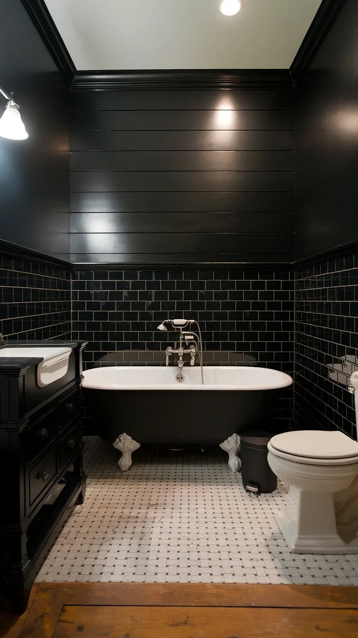 This all-black bathroom boasts dramatic style with black bathroom walls, black wainscoting adding a touch of classic elegance, and black shiplap above the clawfoot tub. Black tile bathrooms rarely look this chic, showcasing clever black bathroom decor ideas. The black and wood bathroom combination, with the checkered floor, creates a sophisticated contrast. Perfect clawfoot tub ideas for a truly unique space.
