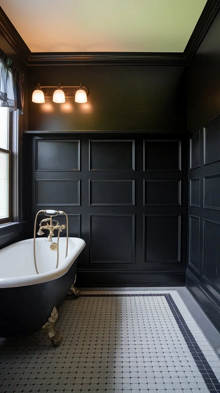 Dark elegance redefined. Black bathroom wainscoting, black bathroom walls, and black tile bathrooms create a dramatic backdrop for this clawfoot tub, showcasing stunning black bathroom decor ideas. The black shiplap adds texture, while the black and wood bathroom accents bring warmth to this all black bathroom.