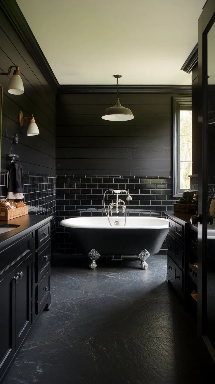 Bathed in shadow and sophistication, this all-black bathroom showcases the dramatic impact of black shiplap walls and black wainscoting. Black tile bathrooms rarely achieve such a luxurious feel, enhanced here by the striking clawfoot tub and black and wood bathroom decor. These black bathroom decor ideas prove that a monochrome palette can be anything but boring.