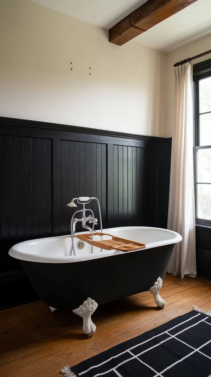 Dark and dramatic, this all black bathroom is a testament to the power of black bathroom decor ideas. The black shiplap wainscoting contrasts beautifully with the white upper walls, creating a striking visual effect. The clawfoot tub, nestled near a window draped in white curtains, adds a touch of vintage charm. The wood floors and ceiling beam complement the black bathroom walls, offering a warm counterpoint to the sleek black wainscoting. This black and wood bathroom is a masterclass in black tile bathrooms design. Explore these clawfoot tub ideas for your own bathroom renovation.