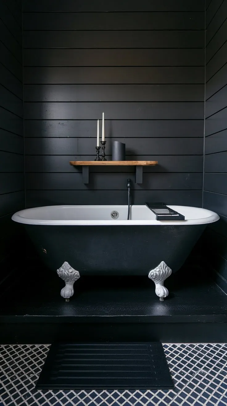 Indulge in the dramatic elegance of this all-black bathroom. Black shiplap walls, accented by black wainscoting, create a sophisticated backdrop for a freestanding clawfoot tub perched on a sleek black platform. Black and wood bathroom elements are subtly incorporated, with a wooden shelf holding candles adding a touch of warmth. Black tile bathrooms rarely look this luxurious; this space showcases black bathroom decor ideas that are both moody and inviting. Consider this a masterclass in clawfoot tub ideas.