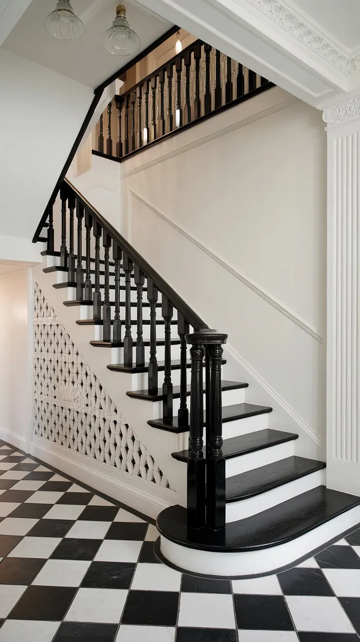 A striking black staircase anchors this modern black and white house, showcasing a sophisticated black and white interior design. The black stair wall ideas are elegantly simple, complemented by the white walls and black and white checkered floor. This townhouse staircase ideas exemplifies a chic black and white home aesthetic, offering inspiration for hallway ideas black and white and showcasing a stunning staircase design.
