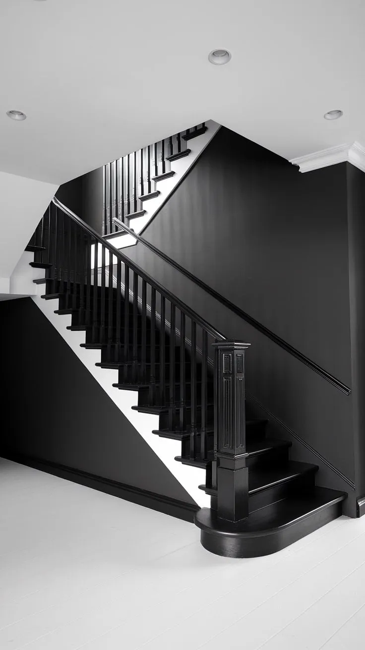 A sleek black staircase anchors this modern black and white home, showcasing stunning black stair wall ideas and a sophisticated townhouse staircase design. The black and white aesthetic interior is flawlessly executed, offering inspiring hallway ideas black and white and demonstrating the power of black and white interior design in a modern black and white house.
