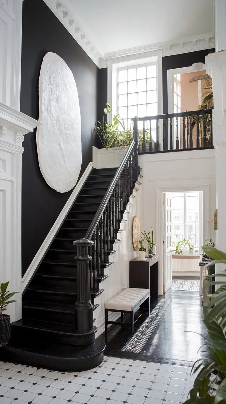 A stunning black staircase takes center stage in this black and white aesthetic interior, a key element in the hallway ideas black and white of this modern black and white house. The black stair wall ideas are brilliantly executed, creating a dramatic focal point within the black and white home aesthetic. The clean lines of the staircase design, combined with the white railing and the spacious townhouse, offer inspiration for townhouse staircase ideas. Natural light enhances the black and white interior design, highlighting the white furniture and the overall sophisticated feel of this home.
