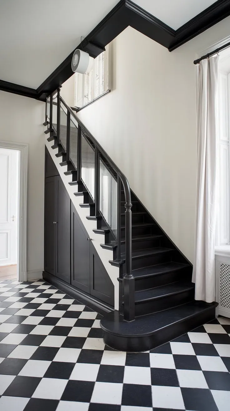This modern black and white house boasts a striking black staircase as a central design feature. The black staircase, with its glass railing, is a showstopper against the white walls, creating a visually impactful black and white aesthetic interior. The checkered flooring and sleek storage unit enhance the townhouse staircase ideas, while the overall design provides excellent black stair wall ideas. This home is a masterclass in modern black and white house design.