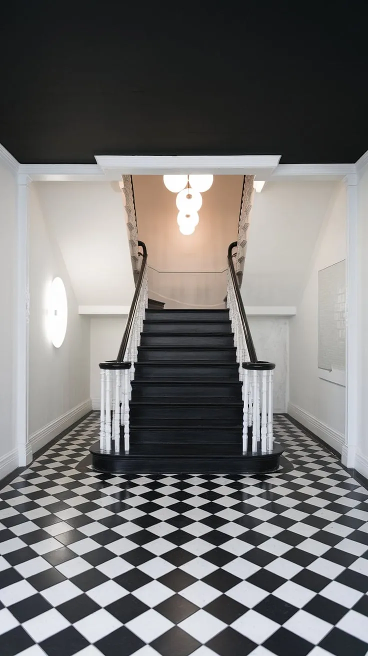 This black and white aesthetic interior boasts a show-stopping black staircase, a perfect example of sophisticated staircase design in a modern black and white house. The black and white checkered floor and white walls complete this striking black and white interior design, offering unique townhouse staircase ideas.