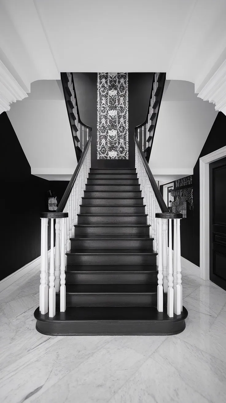 A dramatic black staircase anchors this modern black and white home aesthetic, showcasing stunning black stair wall ideas and a sophisticated townhouse staircase design. The black and white interior design is flawlessly executed, offering inspiring hallway ideas black and white.