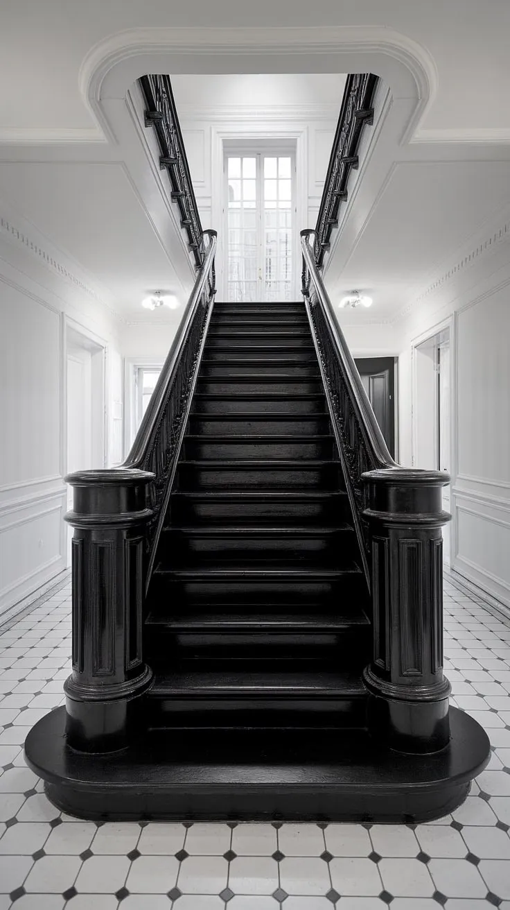 A sleek black staircase anchors this modern black and white aesthetic interior, showcasing stunning black stair wall ideas and a sophisticated townhouse staircase design. The black and white interior design perfectly complements the hallway ideas black and white, creating a striking modern black and white house.
