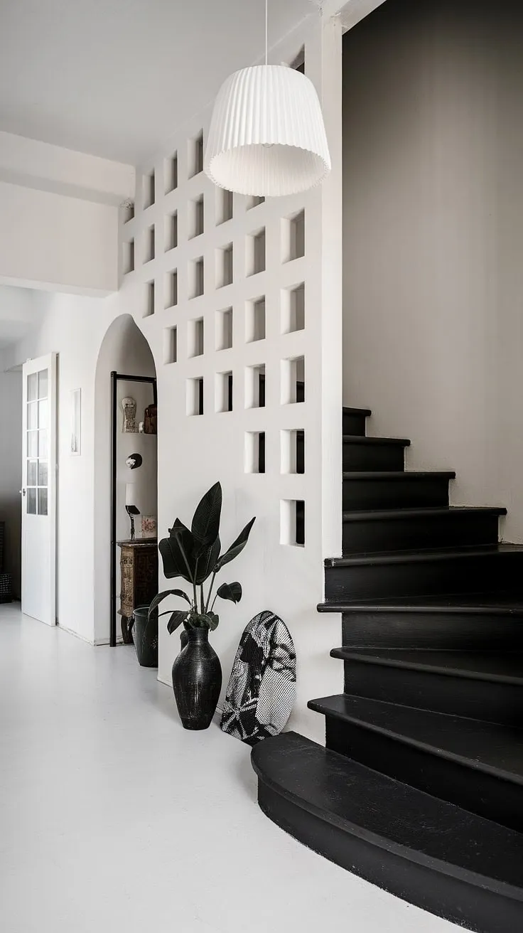 Soft light illuminates a modern black and white house, showcasing a striking black staircase as a central design element. The unique rectangular cutouts in the black stair wall offer a captivating interplay of light and shadow, perfectly complementing the black and white interior design and providing inspiration for townhouse staircase ideas and black stair wall ideas. A simple plant and vase add subtle touches of life to this chic black and white aesthetic interior, while the hallway, visible in the background, continues the minimalist theme. This hallway ideas black and white example demonstrates the elegance of a black and white home aesthetic.