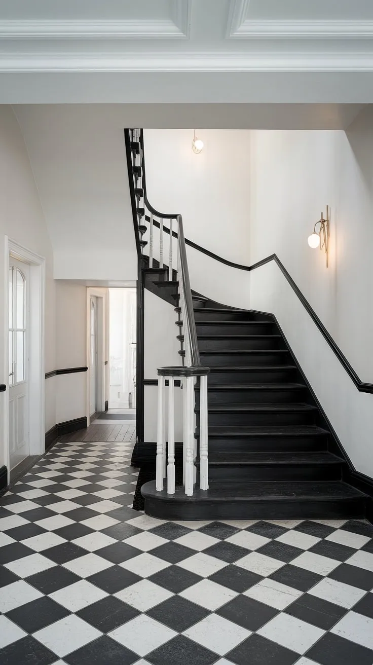 This black and white aesthetic interior is a masterclass in modern design. The dramatic black staircase, a focal point of the black and white home aesthetic, is beautifully contrasted by the white walls and checkered floor.  Consider this a source of inspiration for your own townhouse staircase ideas and black stair wall ideas, showcasing the best of black and white interior design.