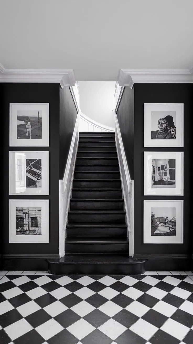 This black and white interior design is a masterclass in contrast. The elegant black staircase, a stunning example of staircase design, anchors the hallway, while the white handrail and checkered floor add a touch of playful sophistication.  This black and white home aesthetic is a dream for any modern black and white house, offering inspiring black stair wall ideas and showcasing the best of townhouse staircase ideas.