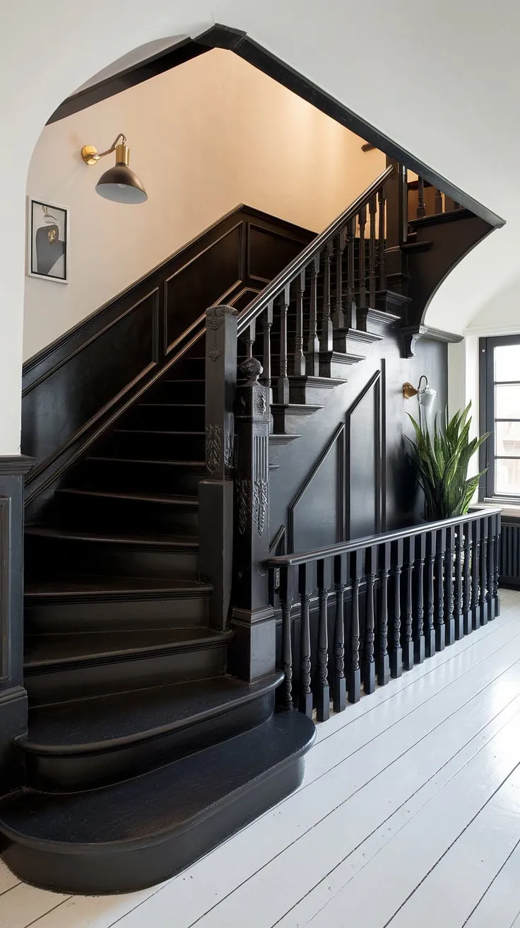 A dramatic black staircase anchors this modern black and white home, showcasing sleek black stair wall ideas and a sophisticated townhouse staircase design. The black and white interior design creates a striking contrast, offering inspiration for hallway ideas black and white and elevating the black and white aesthetic interior to new heights.