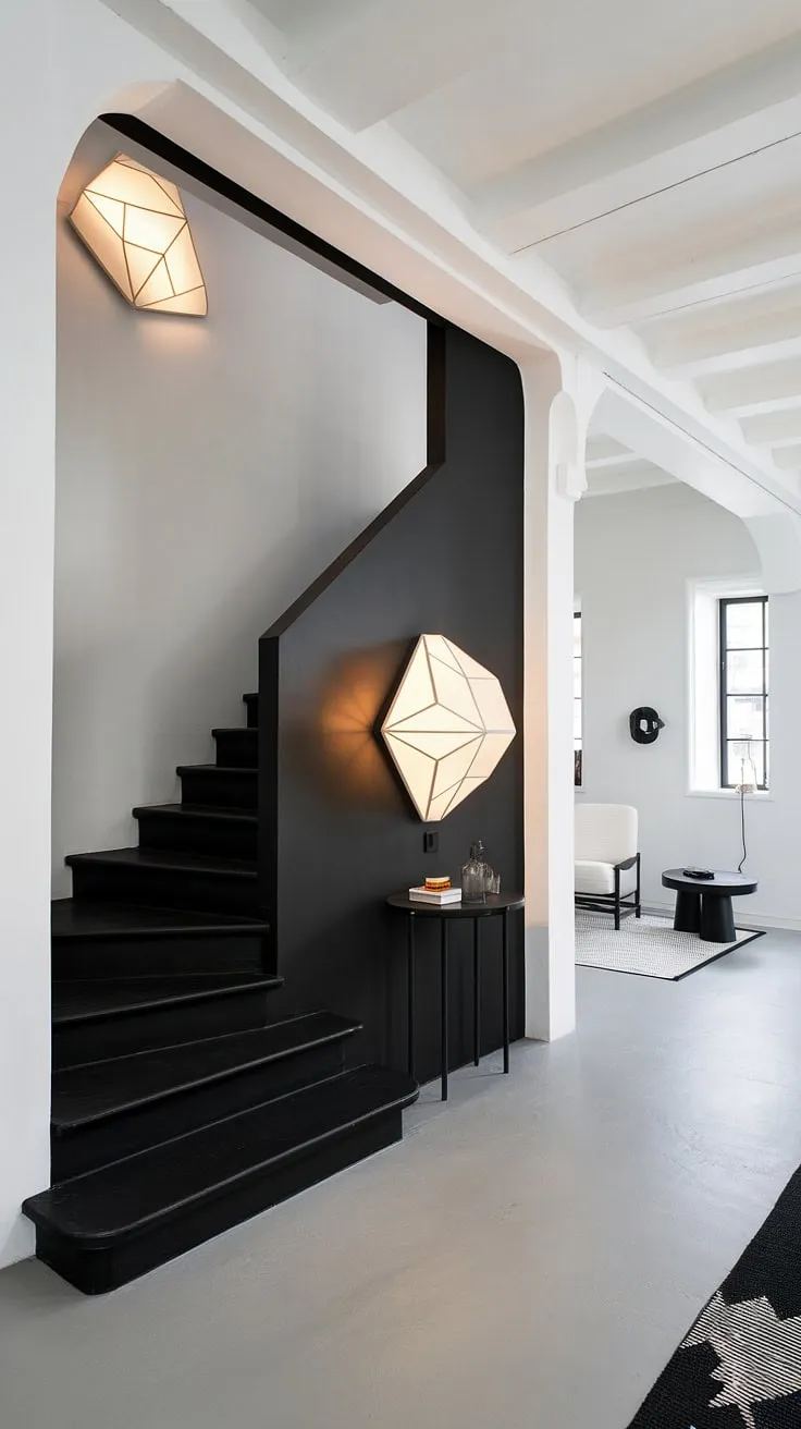 A modern black and white house reveals itself through this striking staircase design.  The black staircase, a dramatic focal point against the light grey concrete floor, leads to a bright white room, showcasing the best of black and white interior design and offering inspiring townhouse staircase ideas and black stair wall ideas. This black and white aesthetic interior is the epitome of minimalist chic.