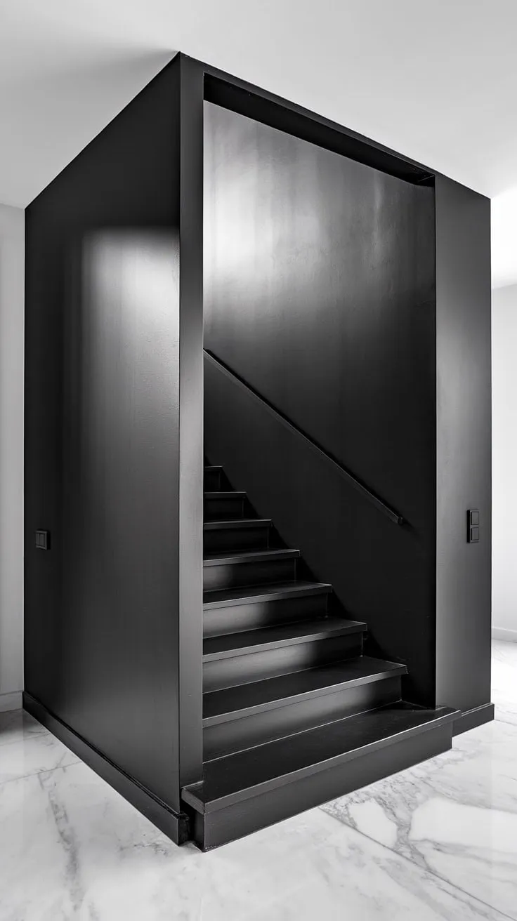This black and white home aesthetic is defined by its striking black staircase, a stunning example of staircase design in a modern black and white house. Hallway ideas black and white are elevated to new heights with this impactful feature.