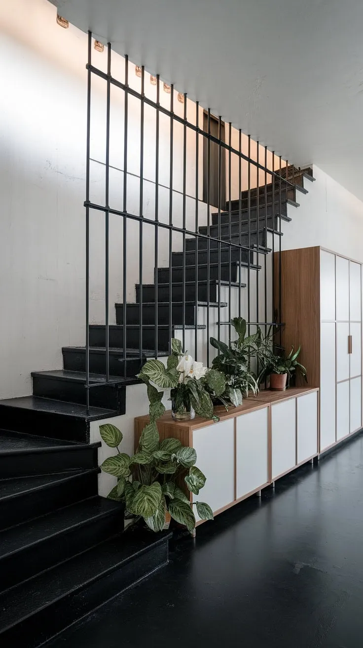 A modern black and white house showcases stunning black stair wall ideas in this hallway. The sleek black staircase, a key element of the townhouse staircase ideas, contrasts beautifully with the white walls and black floor, creating a striking black and white aesthetic interior. The minimalist wooden cabinets and potted plants add subtle warmth to this sophisticated black and white interior design.