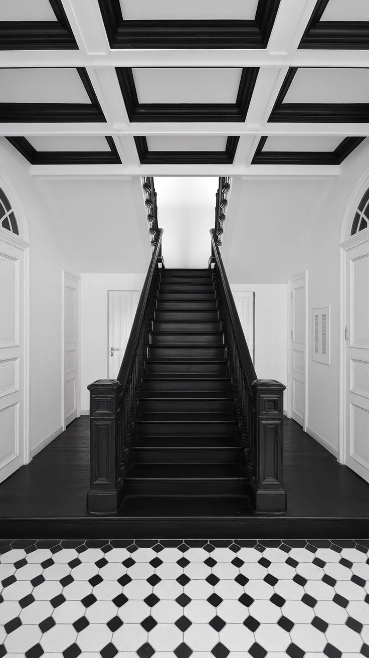 This black and white aesthetic interior is defined by its striking black staircase. The clean lines and modern black and white house design offer endless black stair wall ideas and townhouse staircase ideas within this captivating black and white interior design.