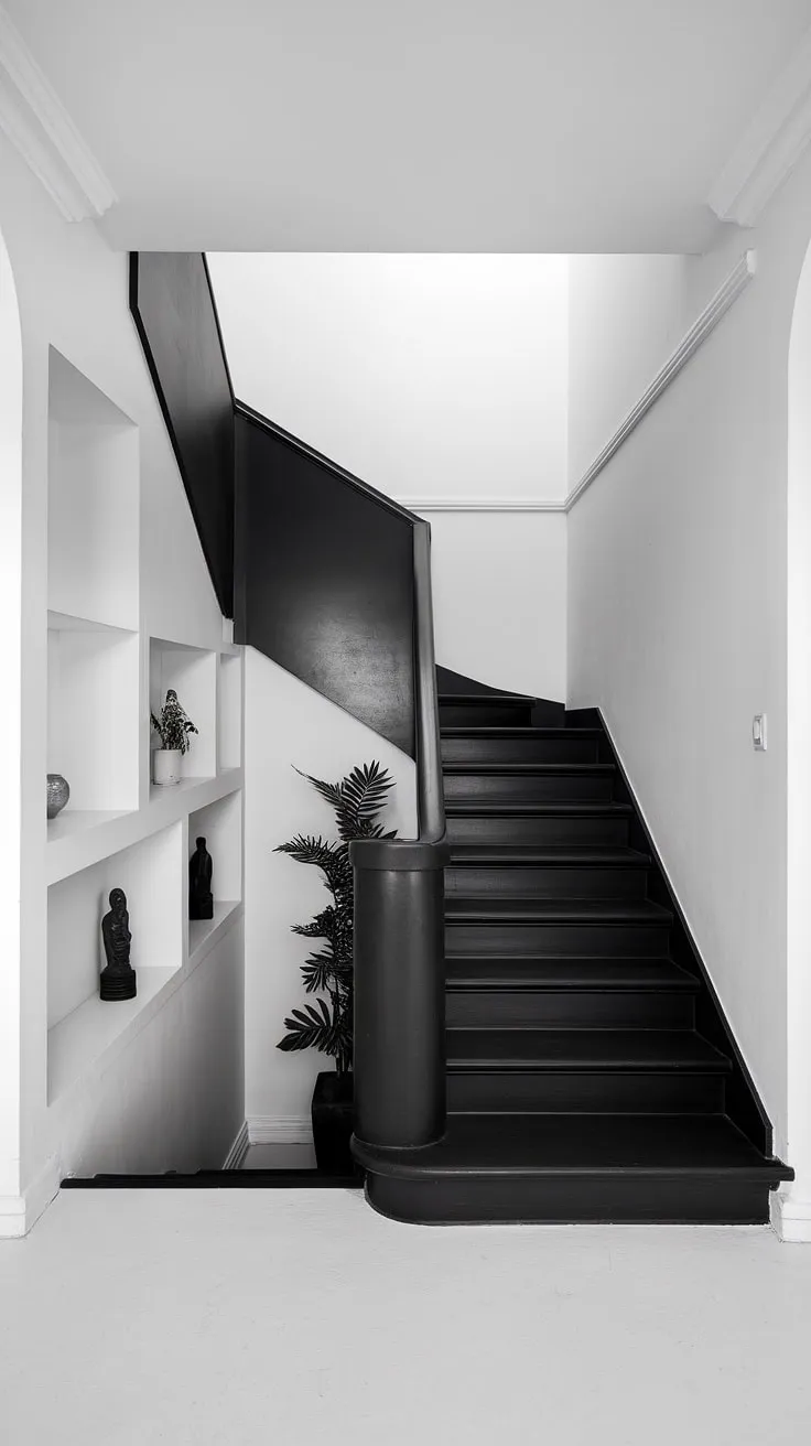 A dramatic black staircase anchors this modern black and white aesthetic interior, showcasing sleek staircase design and inspiring black stair wall ideas within a stunning townhouse staircase. The black and white interior design and hallway ideas black and white create a sophisticated modern black and white house.