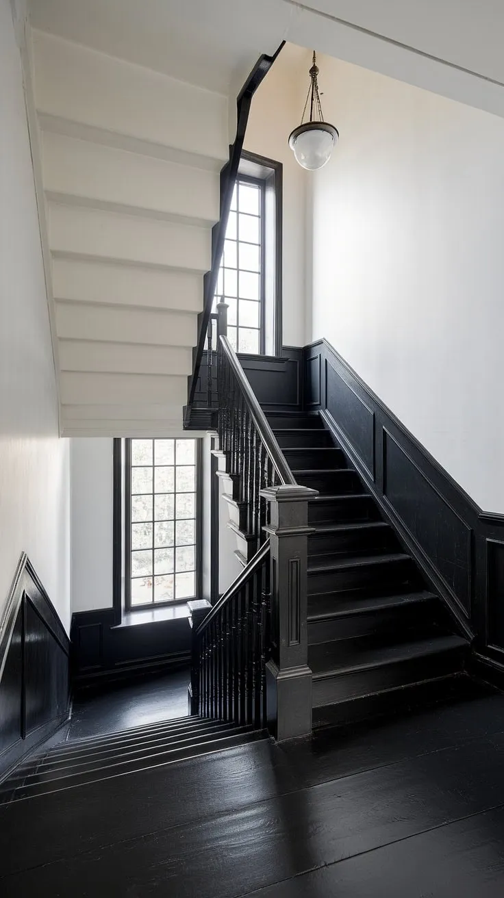 A dramatic black staircase anchors this modern black and white home aesthetic, showcasing stunning black stair wall ideas and a chic townhouse staircase design. The black and white interior design is effortlessly elegant.