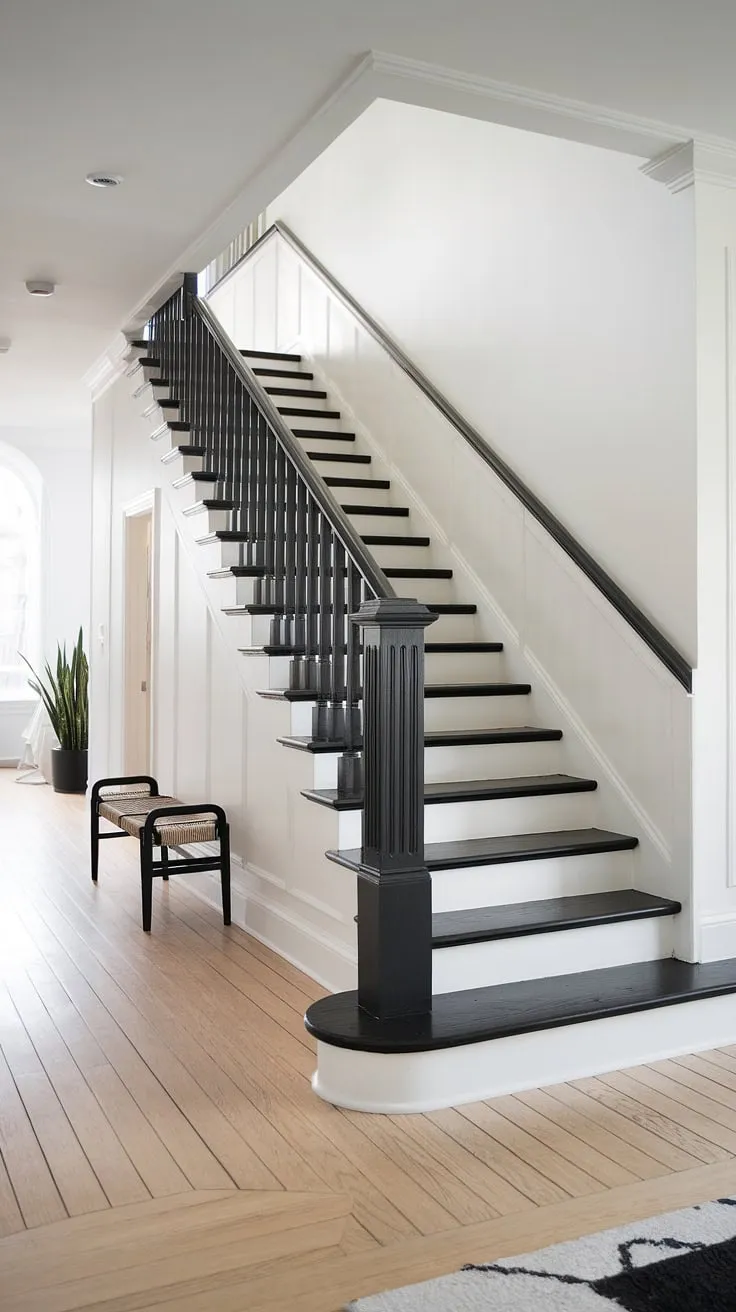 A striking black staircase anchors this modern black and white home aesthetic, showcasing sleek staircase design and offering inspiring black stair wall ideas for your own townhouse staircase ideas. The black and white interior design creates a clean, minimalist feel within this modern black and white house, complemented by the warm wood flooring.