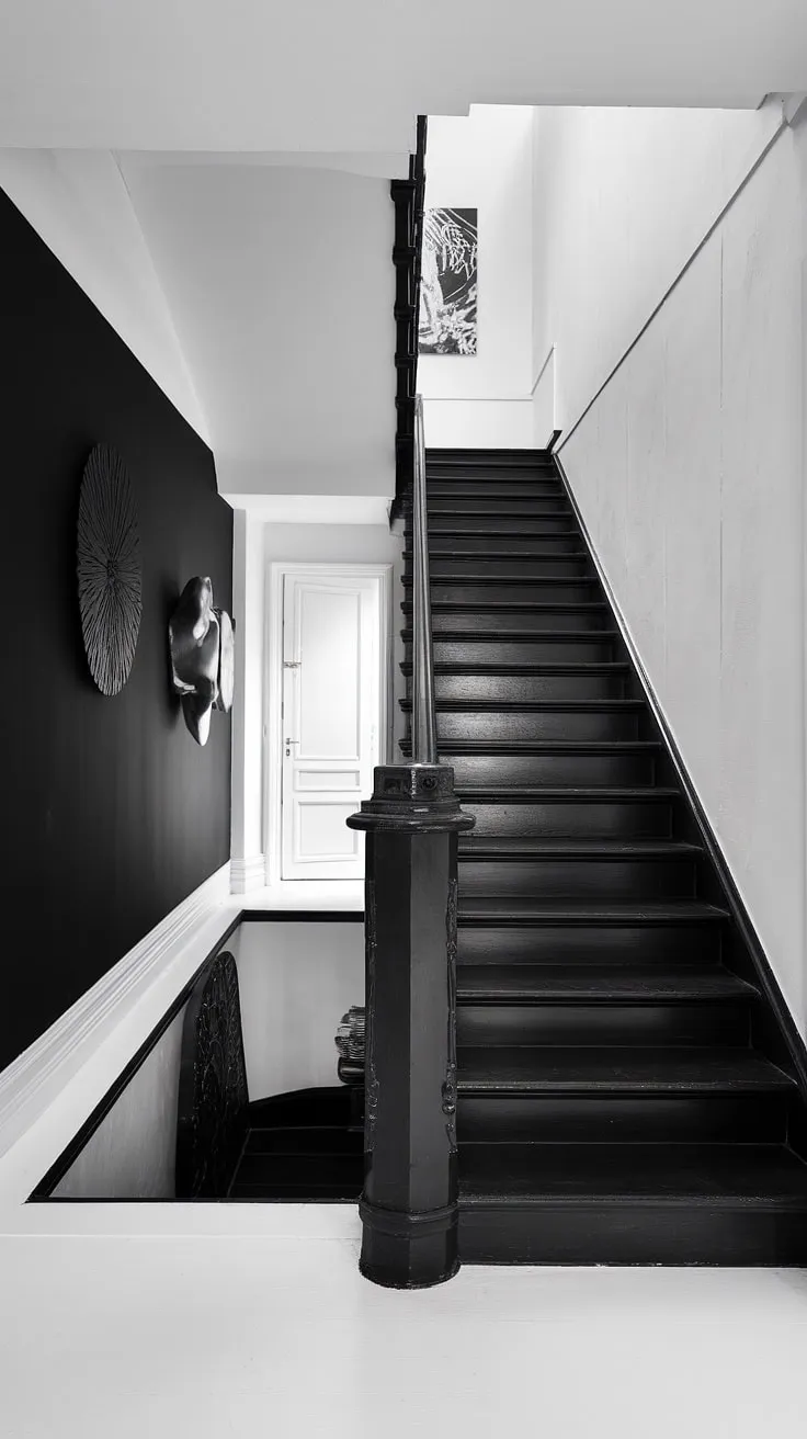 A dramatic black staircase anchors this modern black and white home aesthetic, showcasing sleek townhouse staircase ideas and inspiring black stair wall ideas. The black and white interior design creates a striking contrast, offering perfect hallway ideas black and white.
