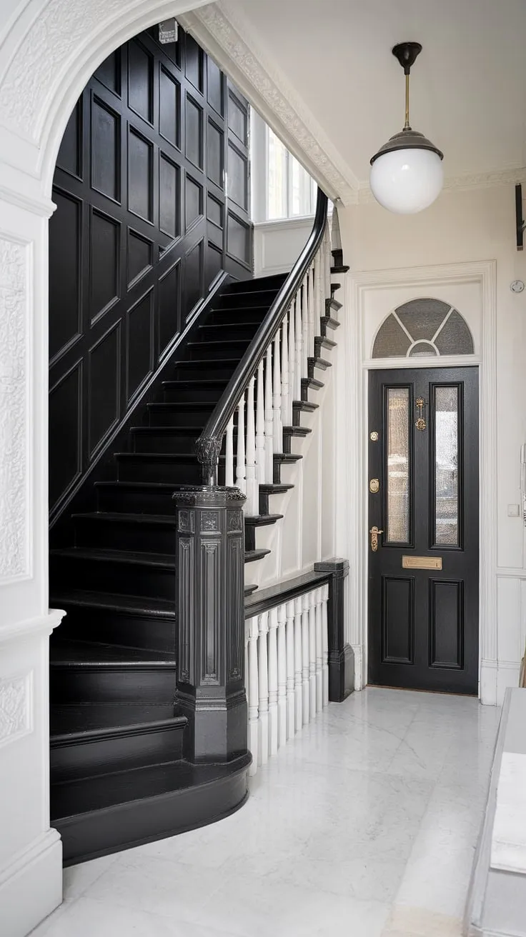 This black and white aesthetic interior, a testament to modern black and white house design, features a show-stopping black staircase. The staircase design and black stair wall ideas create a striking focal point within this townhouse, perfect for those seeking unique hallway ideas black and white.