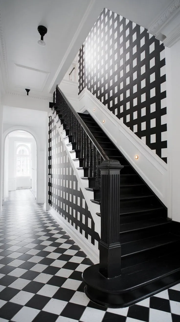 A striking black staircase anchors this modern black and white house, its design a perfect complement to the black and white home aesthetic. The unique black stair wall ideas, featuring alternating black and white squares, add visual interest to the spacious hallway, while the black and white checkered floor enhances the black and white interior design. This townhouse staircase ideas showcases a sophisticated blend of style and functionality.