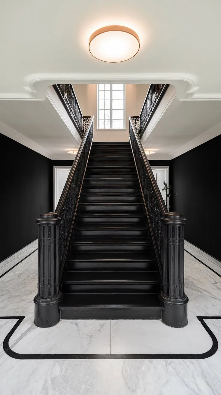 A dramatic black staircase anchors this modern black and white aesthetic interior, showcasing stunning black stair wall ideas and a clean townhouse staircase design. The black and white interior design creates a striking contrast, offering inspiring hallway ideas black and white for a modern black and white house.
