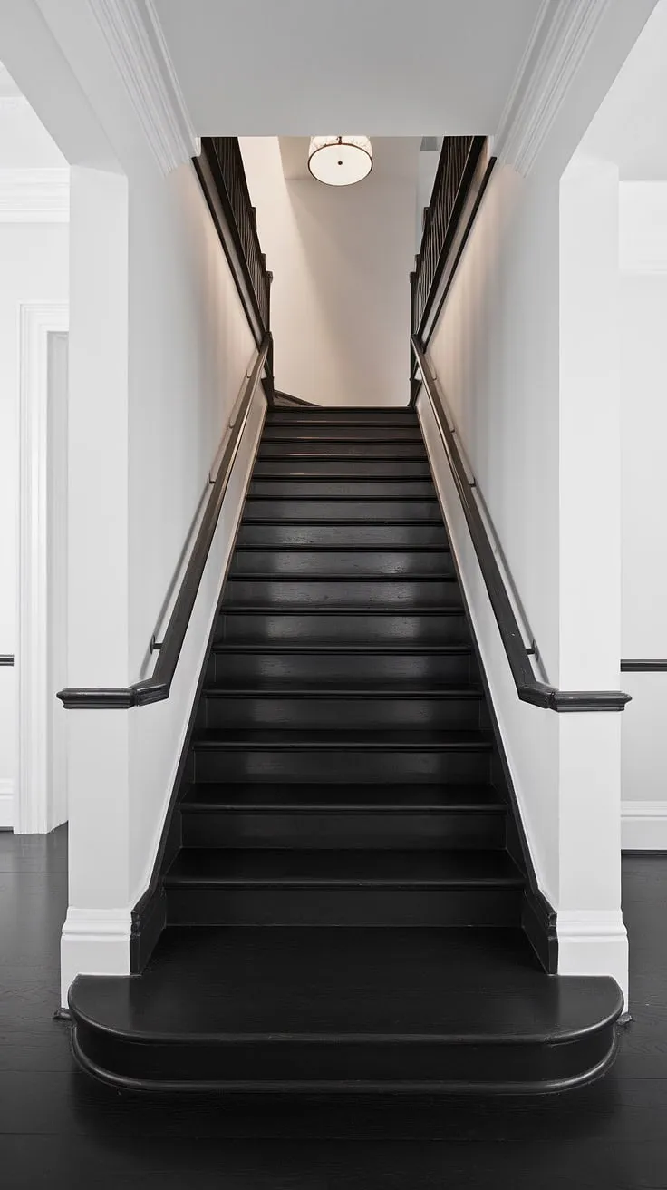 A sleek black staircase anchors this modern black and white home, showcasing a stunning black and white interior design. The minimalist staircase design, with its single stringer and wooden handrails, is a striking feature against the white walls and floor, offering inspiration for townhouse staircase ideas and black stair wall ideas. The hallway ideas black and white are perfectly executed in this black and white aesthetic interior.