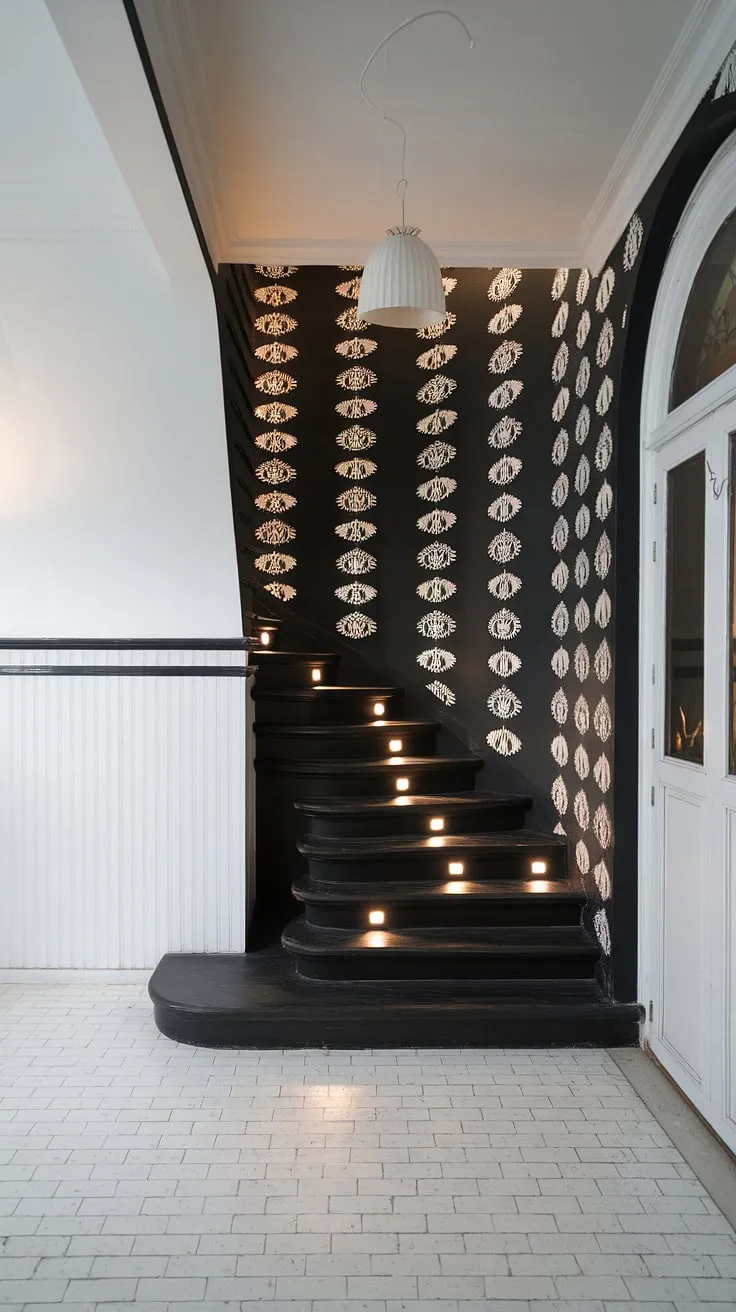 The black and white home aesthetic is flawlessly captured in this image. A dramatic black staircase ascends towards a textured black wall, a stunning example of black stair wall ideas. The white tiled floor and white walls create a clean contrast, making this staircase design a focal point of the modern black and white house. This hallway showcases exceptional townhouse staircase ideas and black and white aesthetic interior.