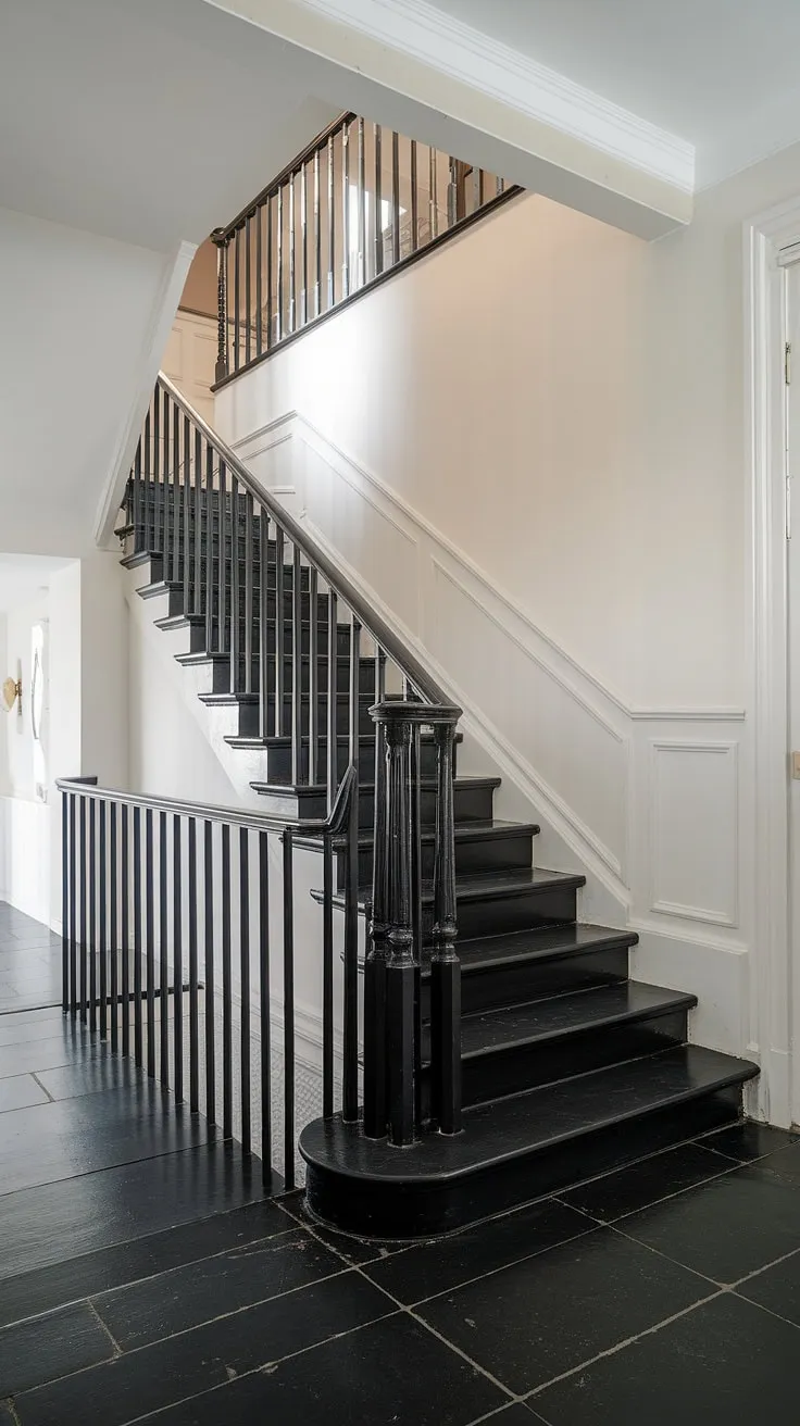 This black staircase is the perfect statement piece in this modern black and white home.  The sleek design and clean lines exemplify black and white interior design, offering inspiring townhouse staircase ideas and showcasing clever black stair wall ideas within this stunning black and white aesthetic interior.  The hallway ideas black and white are effortlessly chic.