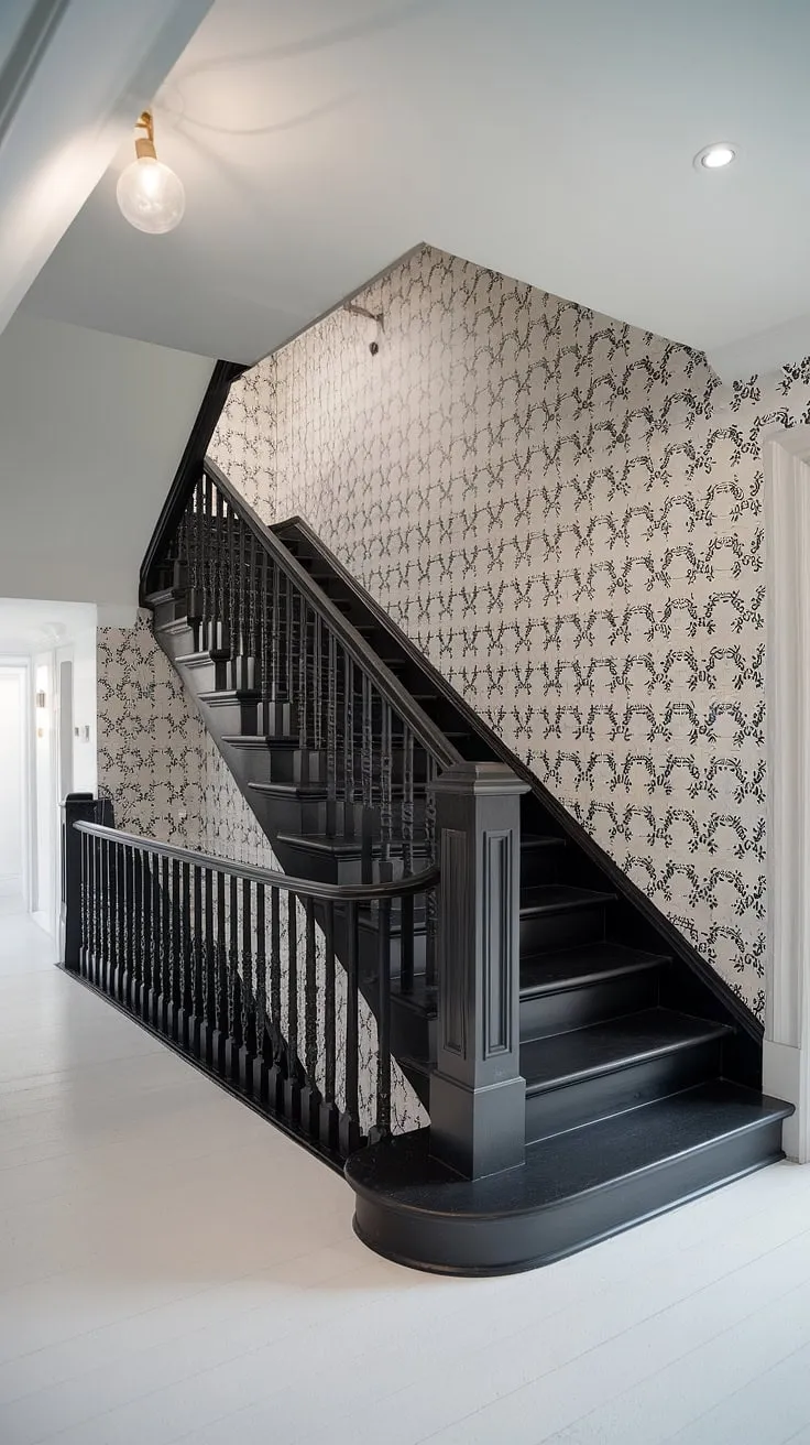 This black and white aesthetic interior is defined by its elegant black staircase.  The staircase design, combined with the black and white pattern on the wall, exemplifies sophisticated townhouse staircase ideas.  The result is a show-stopping black and white interior design perfect for a modern black and white house.
